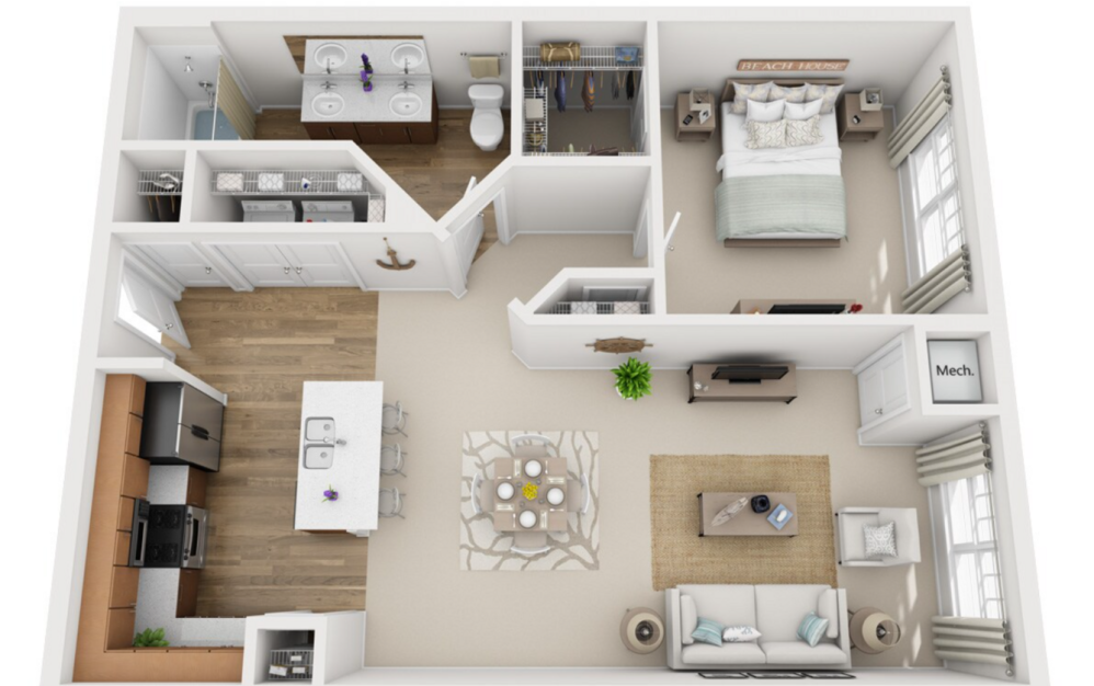 A2 - 1 bedroom floorplan layout with 1 bathroom and 884 square feet