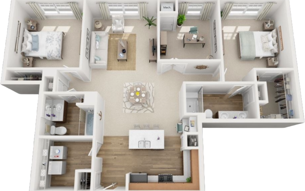 B4 - 2 bedroom floorplan layout with 2 bathrooms and 1398 square feet